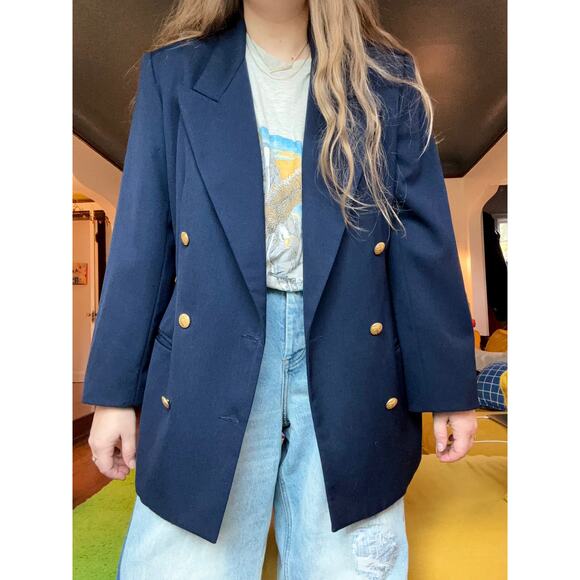 Vintage Navy Blue Wool Oversized Double Breasted Blazer- Size L/XL, Preppy - Picture 7 of 8
